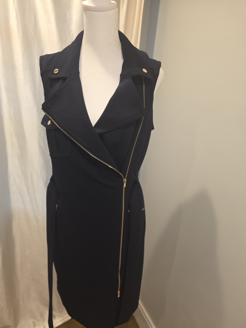 Calvin Klein Navy Sleeveless Moto Sheath Dress with Gold Zipper